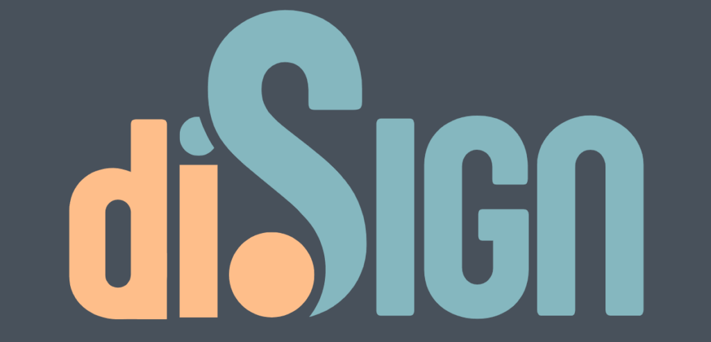 Logo mit dem Schriftzug ‚diSign‘: Die Buchstaben ‚di‘ in warmem Orange, der Rest in Hellblau auf dunkelblaugrauem Hintergrund. Das ‚S‘ ist stilisiert mit einem Punkt und geschwungen gestaltet.